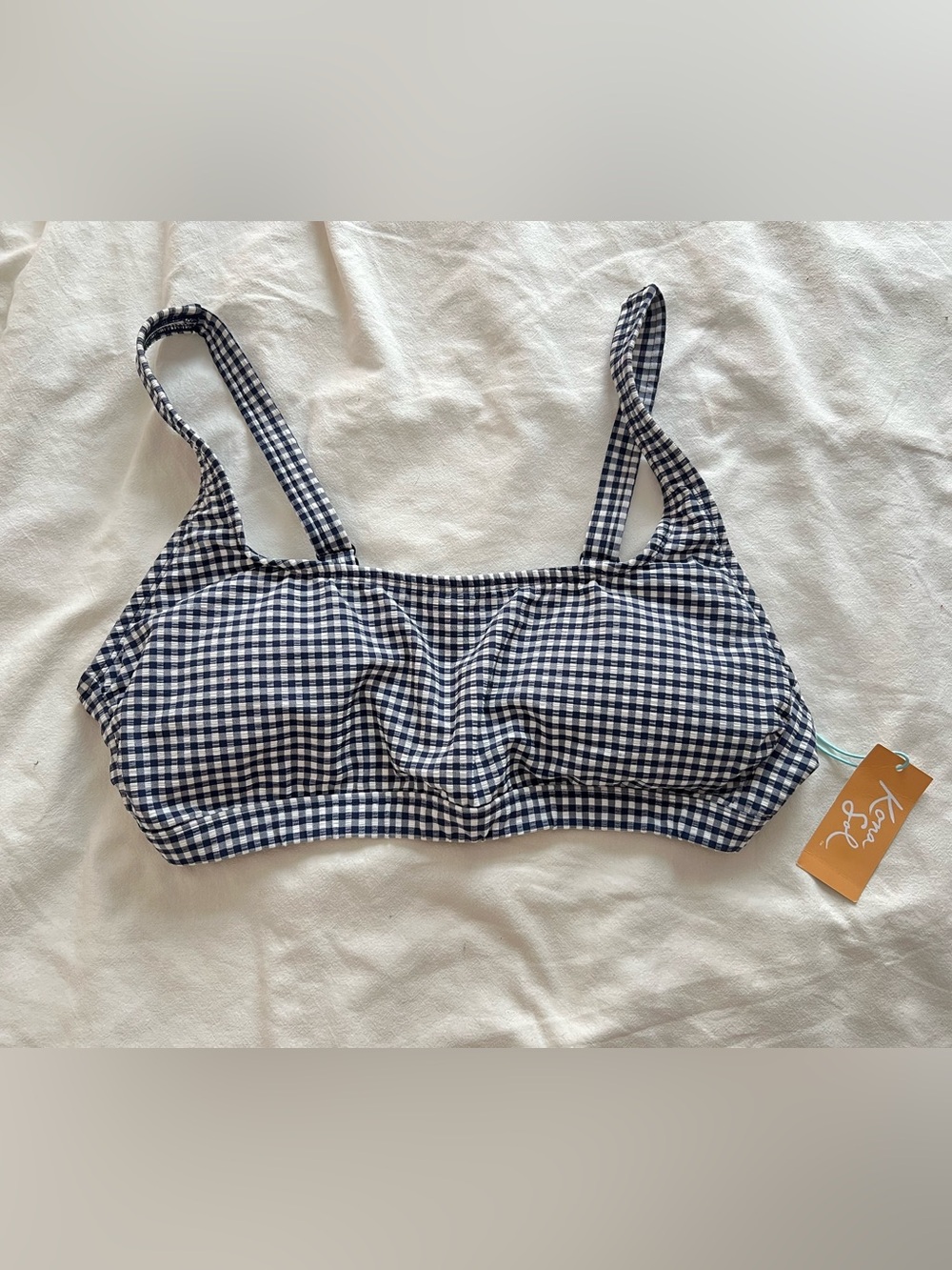 Kona Sol Navy Blue Gingham Bikini Top NWT Large